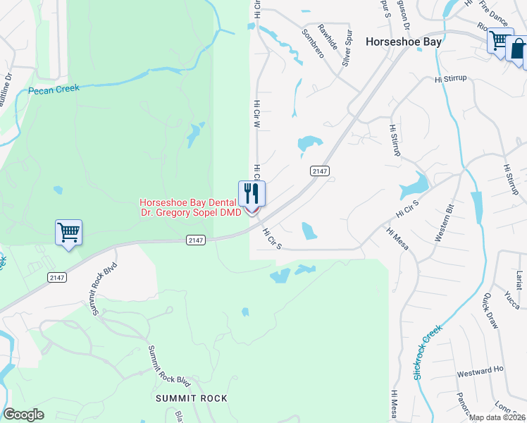 map of restaurants, bars, coffee shops, grocery stores, and more near 9000 Ranch to Market Road 2147 in Horseshoe Bay