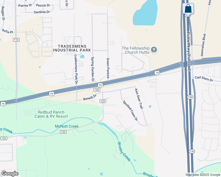 map of restaurants, bars, coffee shops, grocery stores, and more near 107 Axis Deer Trail in Hutto