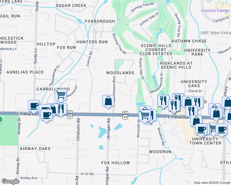 map of restaurants, bars, coffee shops, grocery stores, and more near 9560 Sunnehanna Boulevard in Pensacola