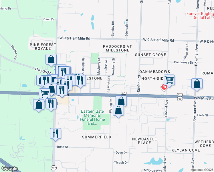 map of restaurants, bars, coffee shops, grocery stores, and more near 49 Newport Street in Cantonment