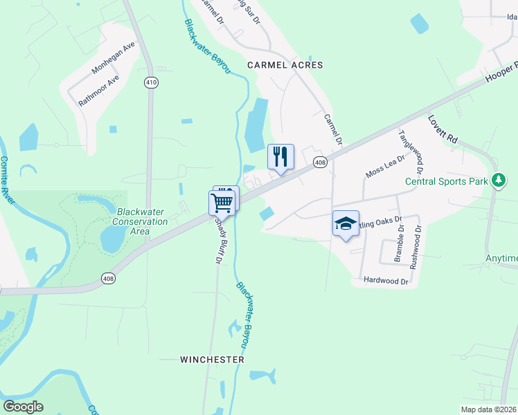 map of restaurants, bars, coffee shops, grocery stores, and more near 9680 Hooper Road in Baton Rouge