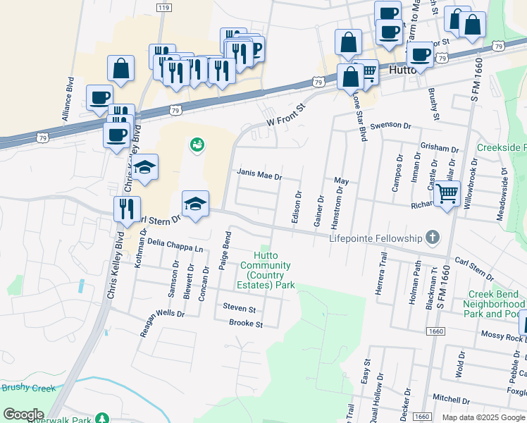 map of restaurants, bars, coffee shops, grocery stores, and more near 200 Warner Bend in Hutto