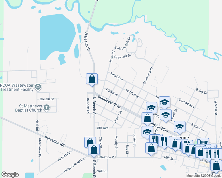 map of restaurants, bars, coffee shops, grocery stores, and more near 1600 Fifth Avenue in Picayune