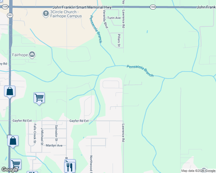 map of restaurants, bars, coffee shops, grocery stores, and more near 556 Calibre Street in Fairhope