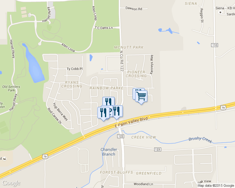 map of restaurants, bars, coffee shops, grocery stores, and more near 1483 Rainbow Parke Drive in Round Rock