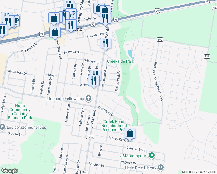 map of restaurants, bars, coffee shops, grocery stores, and more near 106 Tanglewood Ln in Hutto