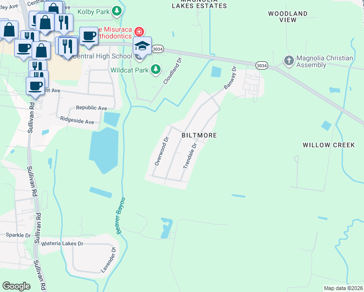 map of restaurants, bars, coffee shops, grocery stores, and more near 9646 Banway Drive in Central