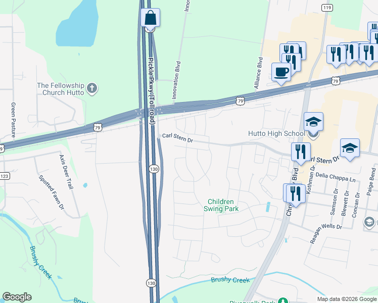 map of restaurants, bars, coffee shops, grocery stores, and more near 1003 Guernsey Cove in Hutto