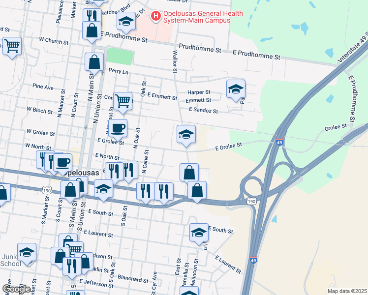 map of restaurants, bars, coffee shops, grocery stores, and more near 321 Wallior Street in Opelousas