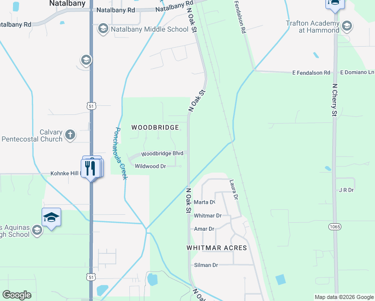 map of restaurants, bars, coffee shops, grocery stores, and more near 106 Woodbridge Boulevard in Hammond