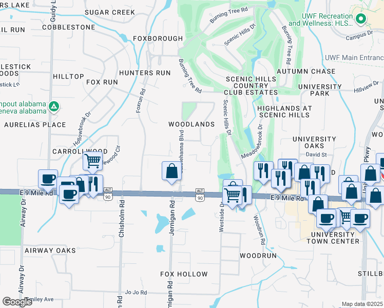 map of restaurants, bars, coffee shops, grocery stores, and more near 9767 Quail Hollow Circle in Pensacola