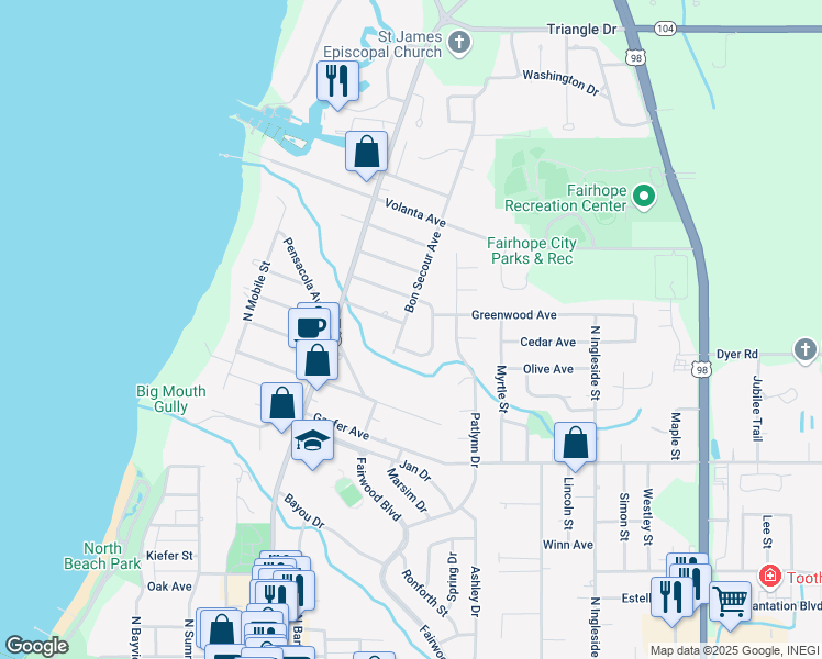 map of restaurants, bars, coffee shops, grocery stores, and more near 8 Quail Loop in Fairhope