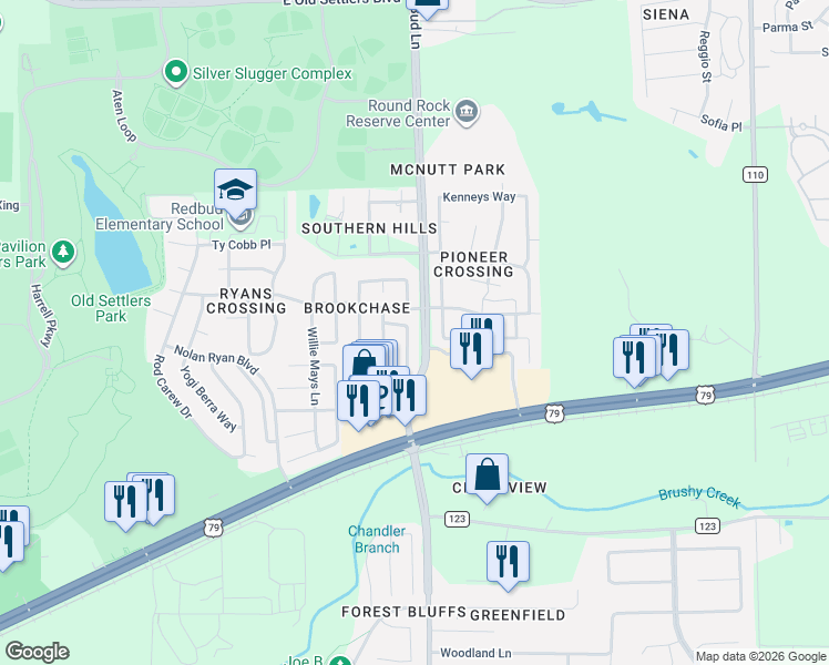 map of restaurants, bars, coffee shops, grocery stores, and more near 1485 Rainbow Parke Drive in Round Rock