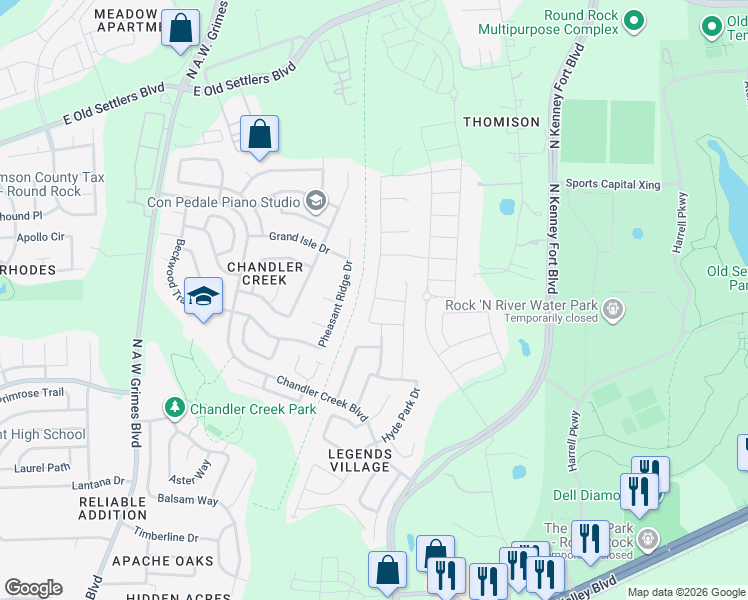 map of restaurants, bars, coffee shops, grocery stores, and more near 1485 Sawmill Crossing in Round Rock