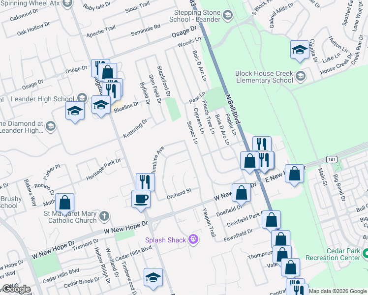 map of restaurants, bars, coffee shops, grocery stores, and more near 501 Amaryllis Avenue in Cedar Park