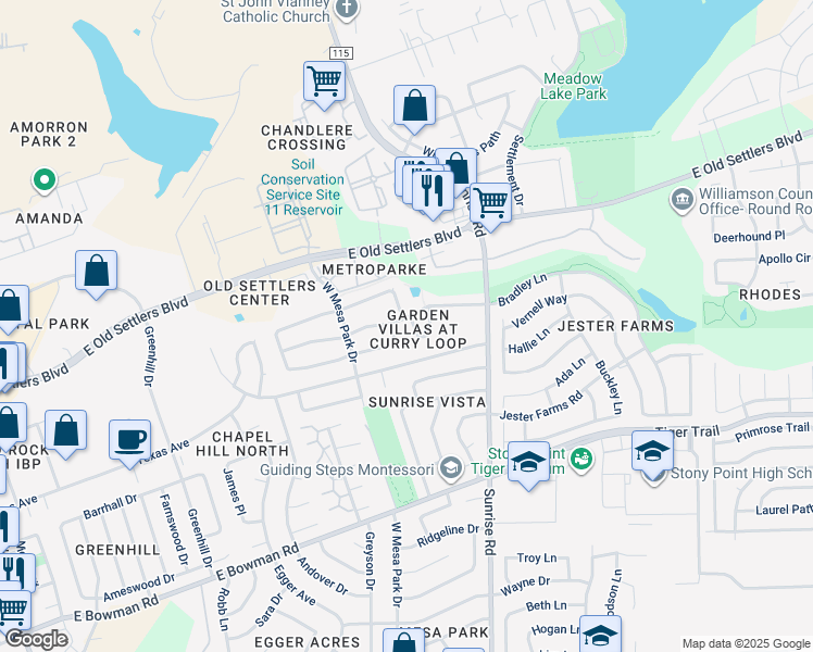 map of restaurants, bars, coffee shops, grocery stores, and more near 2429 Curry Loop in Round Rock