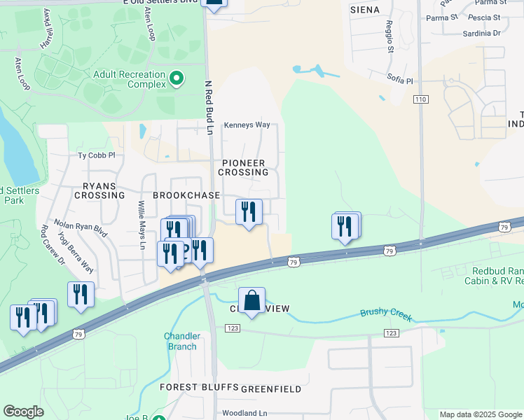 map of restaurants, bars, coffee shops, grocery stores, and more near 1011 Kenneys Way in Round Rock