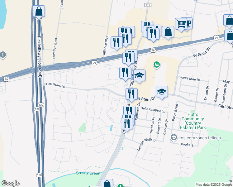 map of restaurants, bars, coffee shops, grocery stores, and more near 300 Carl Stern Drive in Hutto