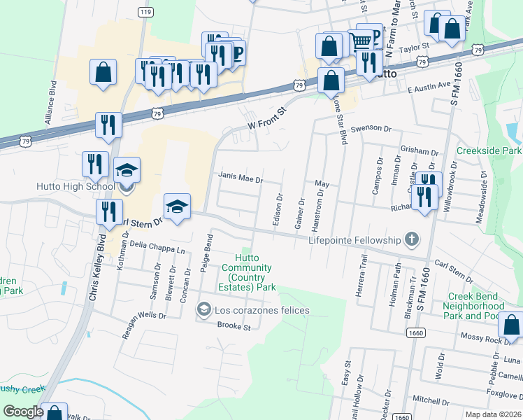 map of restaurants, bars, coffee shops, grocery stores, and more near 200 North Pauley Drive in Hutto