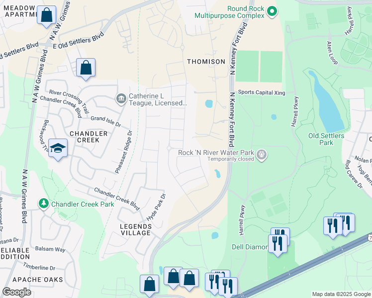 map of restaurants, bars, coffee shops, grocery stores, and more near 1421 Settlers Glen Drive in Round Rock