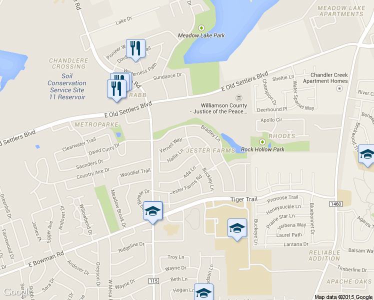 map of restaurants, bars, coffee shops, grocery stores, and more near 2402 Hallie Lane in Round Rock