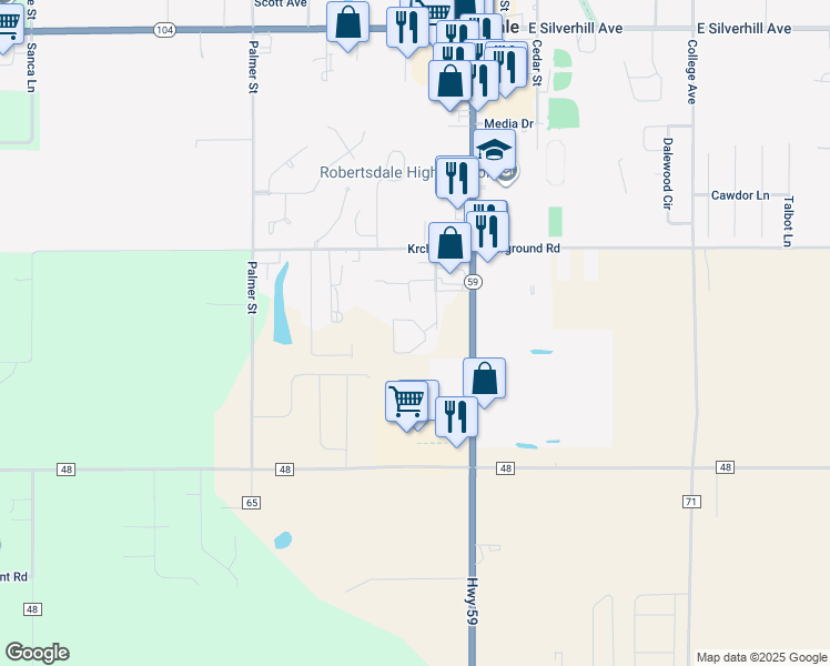 map of restaurants, bars, coffee shops, grocery stores, and more near 21325 Annandale Drive in Robertsdale