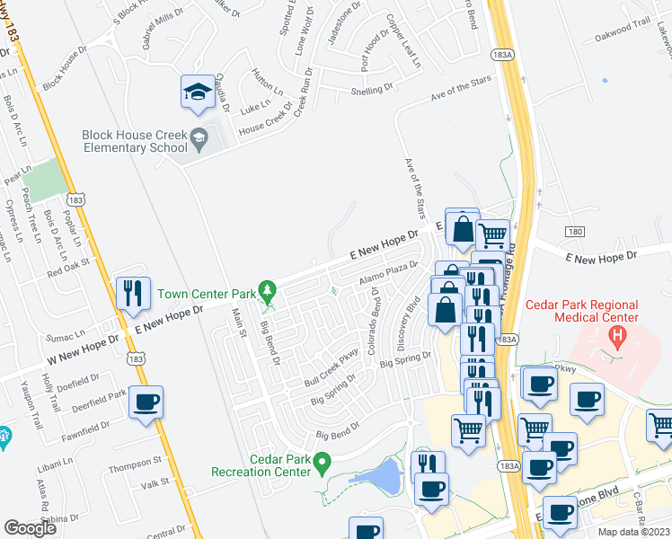 map of restaurants, bars, coffee shops, grocery stores, and more near Lost Pines Lane in Cedar Park