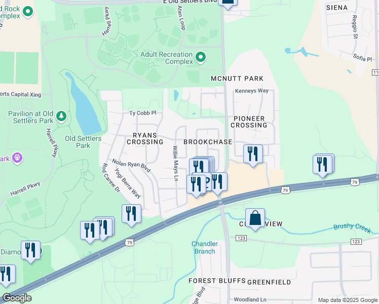 map of restaurants, bars, coffee shops, grocery stores, and more near 3925 Whitey Ford Way in Round Rock