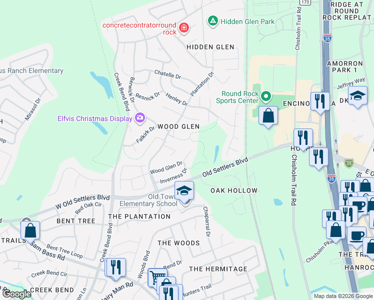 map of restaurants, bars, coffee shops, grocery stores, and more near 2030 Wood Glen Drive in Round Rock