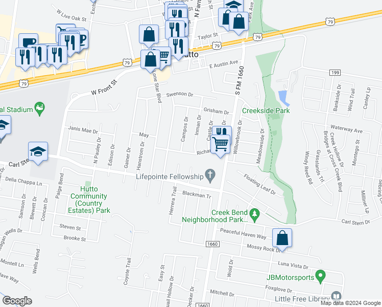 map of restaurants, bars, coffee shops, grocery stores, and more near Richards Drive in Hutto