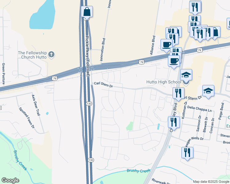map of restaurants, bars, coffee shops, grocery stores, and more near 55 Linda Lane in Hutto