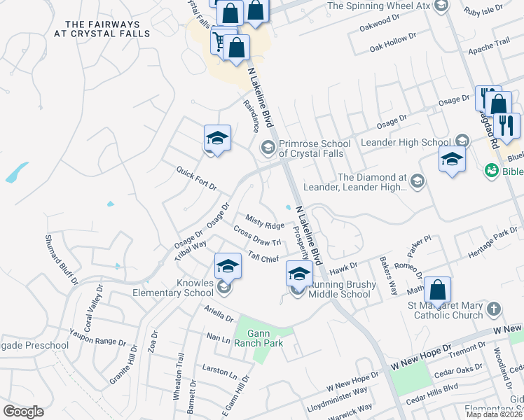 map of restaurants, bars, coffee shops, grocery stores, and more near 2721 Highland Trail in Leander