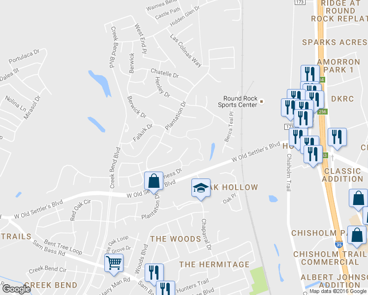 map of restaurants, bars, coffee shops, grocery stores, and more near 2030 Wood Glen Drive in Round Rock