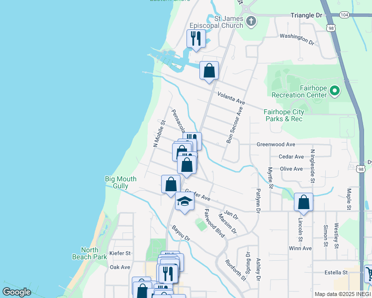 map of restaurants, bars, coffee shops, grocery stores, and more near 230 Seminole Avenue in Fairhope