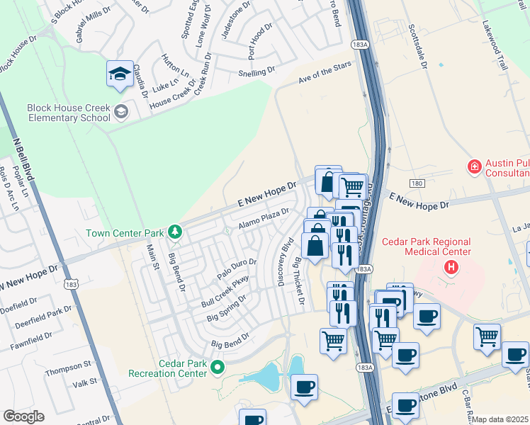 map of restaurants, bars, coffee shops, grocery stores, and more near 1001 Alamo Plaza Drive in Cedar Park