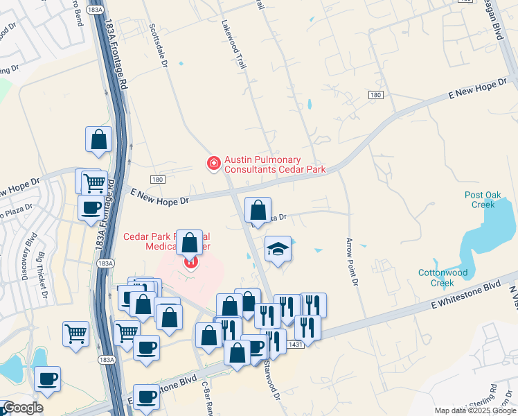 map of restaurants, bars, coffee shops, grocery stores, and more near 1500 Cottonwood Creek Trail in Leander