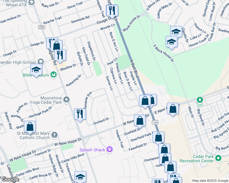 map of restaurants, bars, coffee shops, grocery stores, and more near 2204 Sumac Lane in Cedar Park