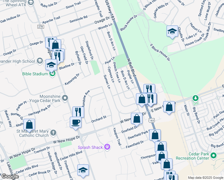 map of restaurants, bars, coffee shops, grocery stores, and more near 2204 Sumac Lane in Cedar Park