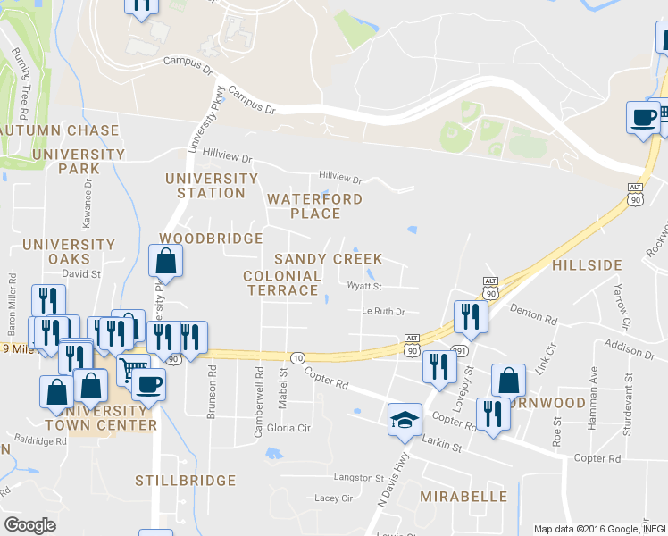map of restaurants, bars, coffee shops, grocery stores, and more near 1959 Wyatt Street in Pensacola