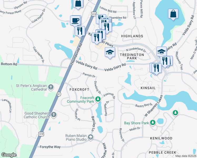 map of restaurants, bars, coffee shops, grocery stores, and more near 3105 Dowling Drive in Tallahassee