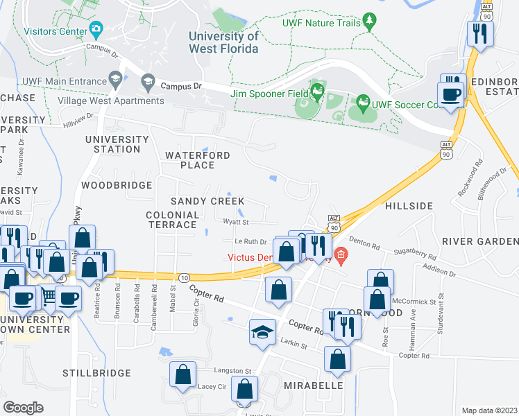 map of restaurants, bars, coffee shops, grocery stores, and more near 9711 Latham Street in Pensacola