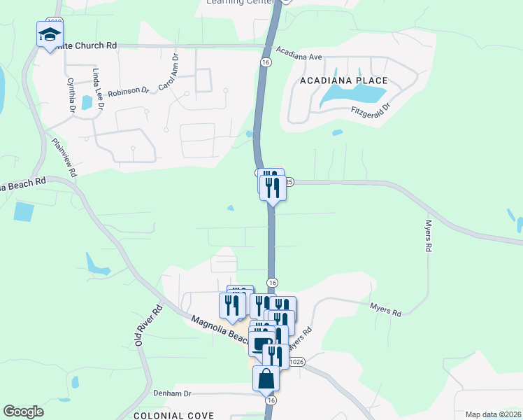 map of restaurants, bars, coffee shops, grocery stores, and more near 32241 Louisiana 16 in Denham Springs
