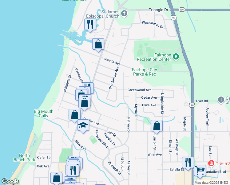 map of restaurants, bars, coffee shops, grocery stores, and more near 8 Quail Loop in Fairhope