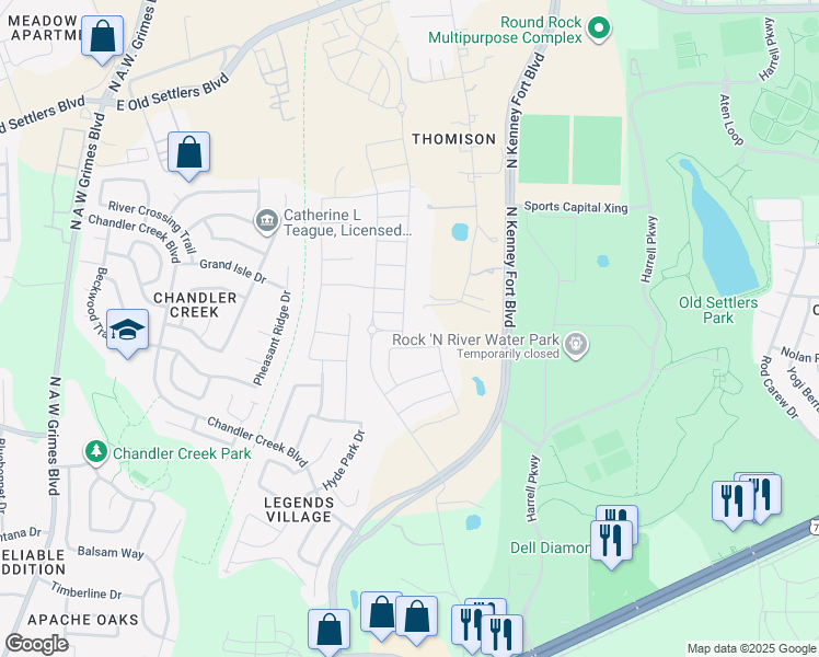 map of restaurants, bars, coffee shops, grocery stores, and more near 1421 Settlers Glen Drive in Round Rock