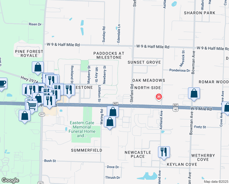 map of restaurants, bars, coffee shops, grocery stores, and more near 11 Easton Street in Ensley