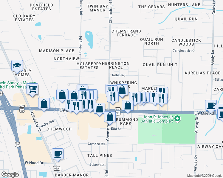 map of restaurants, bars, coffee shops, grocery stores, and more near 300 Lowell Lane in Pensacola