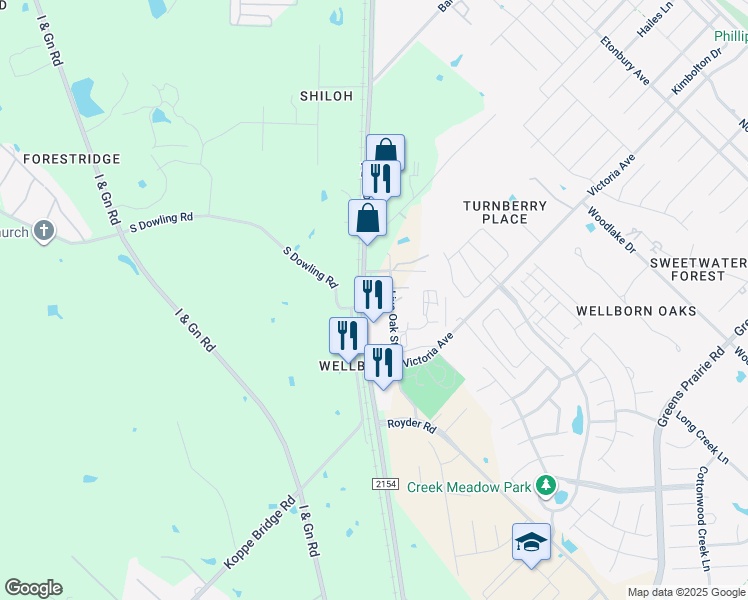map of restaurants, bars, coffee shops, grocery stores, and more near 14881 Farm to Market Road 2154 in College Station