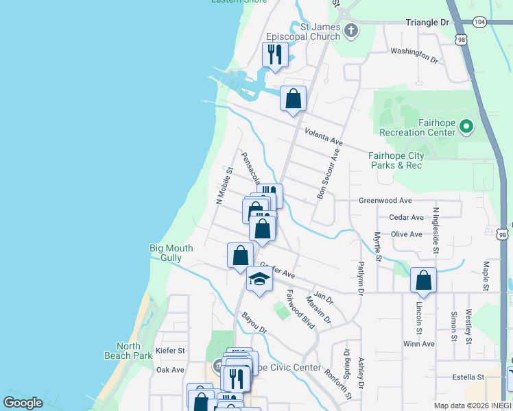map of restaurants, bars, coffee shops, grocery stores, and more near 230 Seminole Avenue in Fairhope