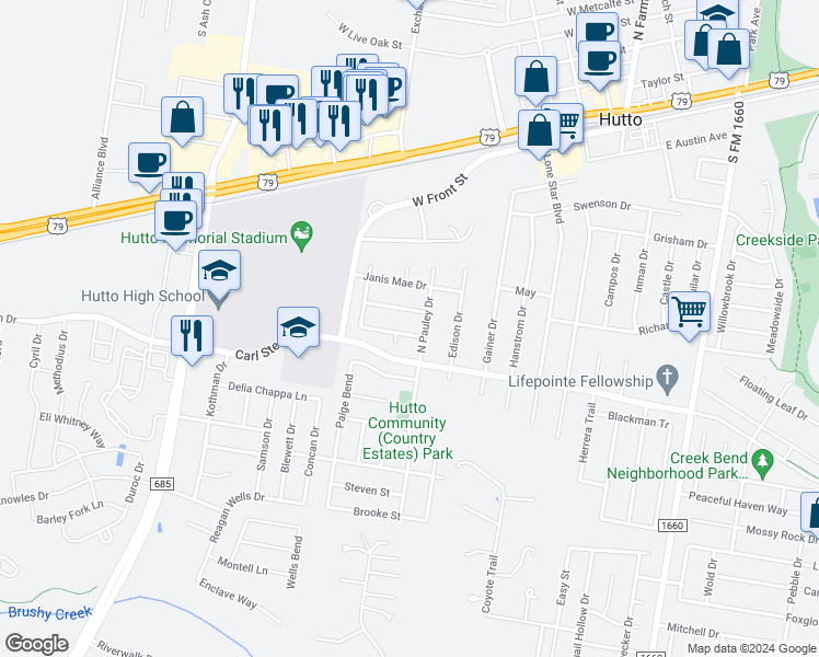 map of restaurants, bars, coffee shops, grocery stores, and more near 104 Warner Bend in Hutto