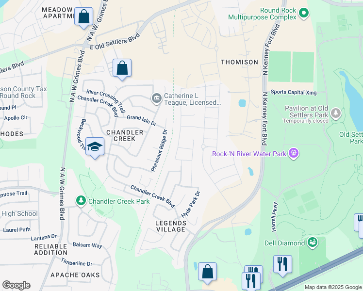 map of restaurants, bars, coffee shops, grocery stores, and more near 1503 Sawmill Crossing in Round Rock